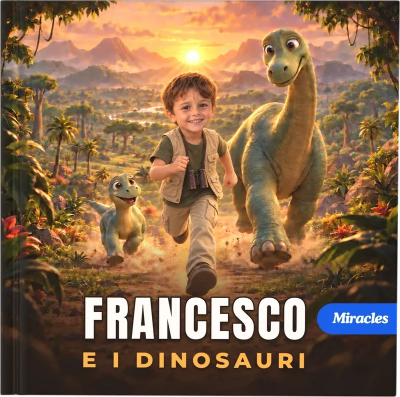 La copertina di «Francesco e i dinosauri»: il bambino in gilet da esploratore corre nella valle accanto a due dinosauri dal collo lungo