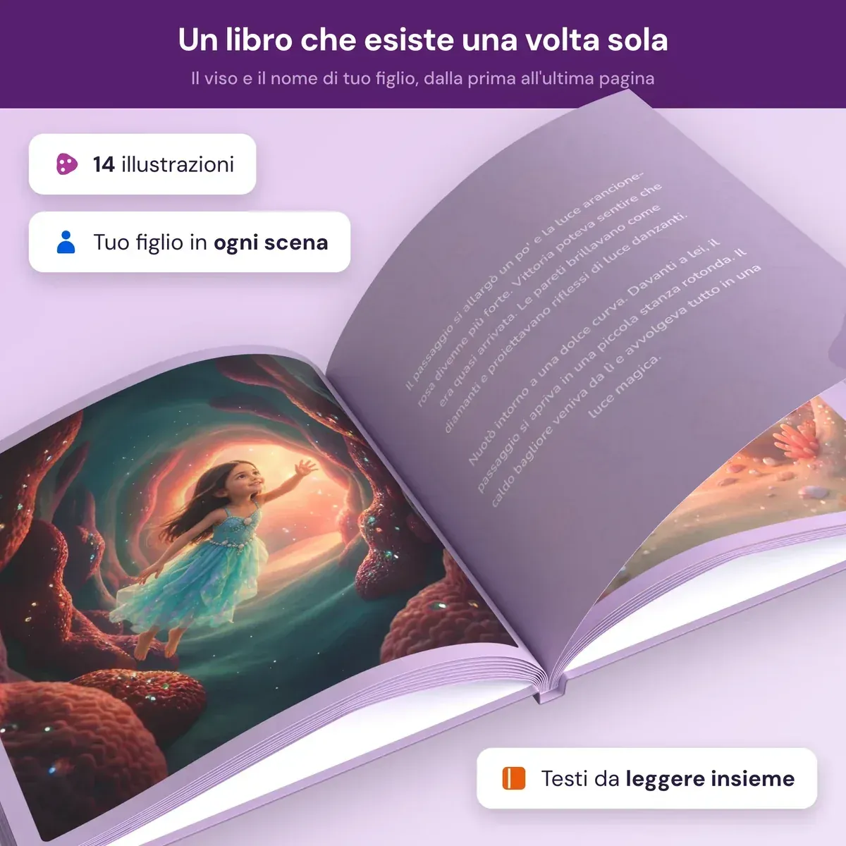 Il libro aperto: una doppia pagina illustrata con la sirena nella grotta e i testi da leggere insieme