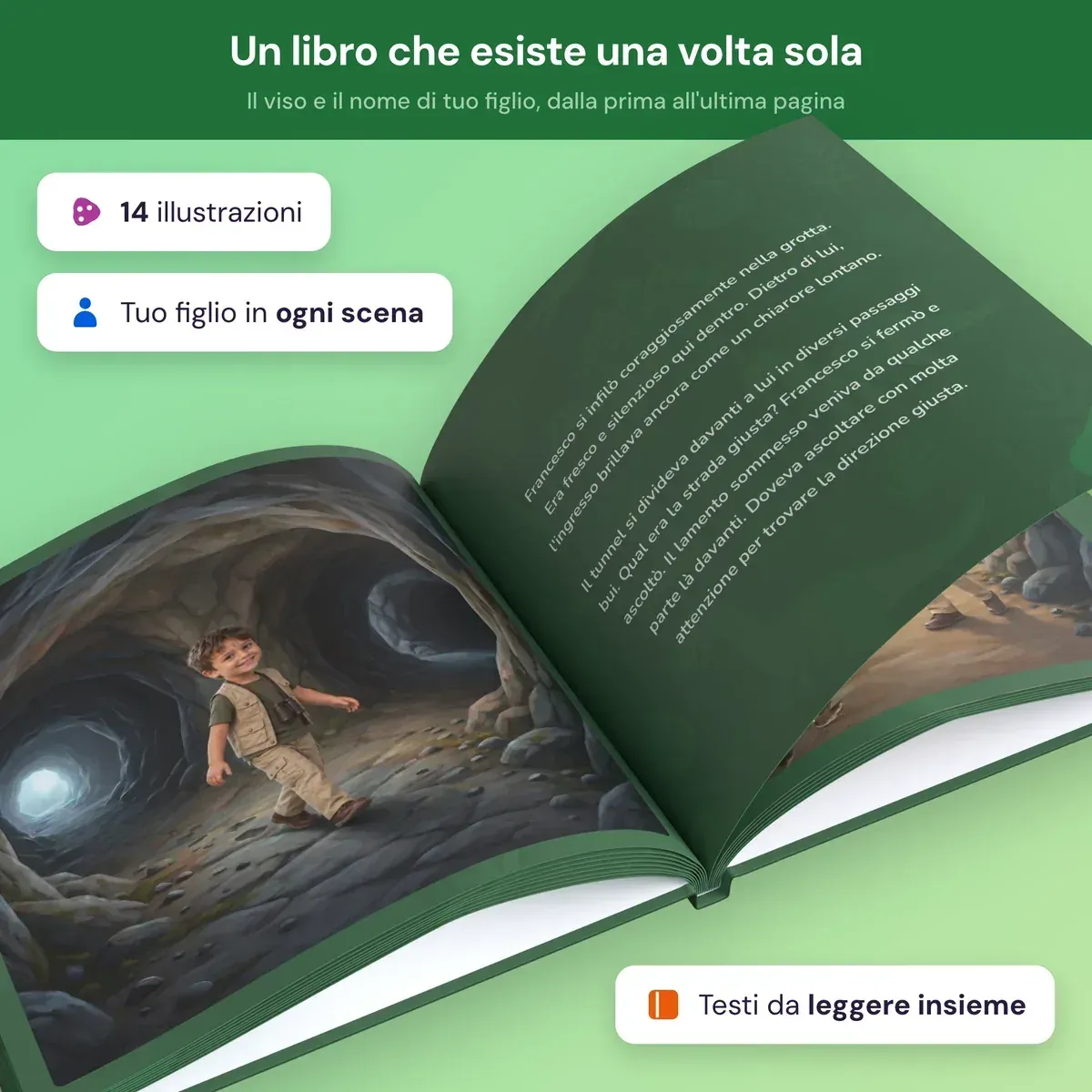 Il libro aperto: una doppia pagina illustrata con il bambino nella grotta e i testi da leggere insieme