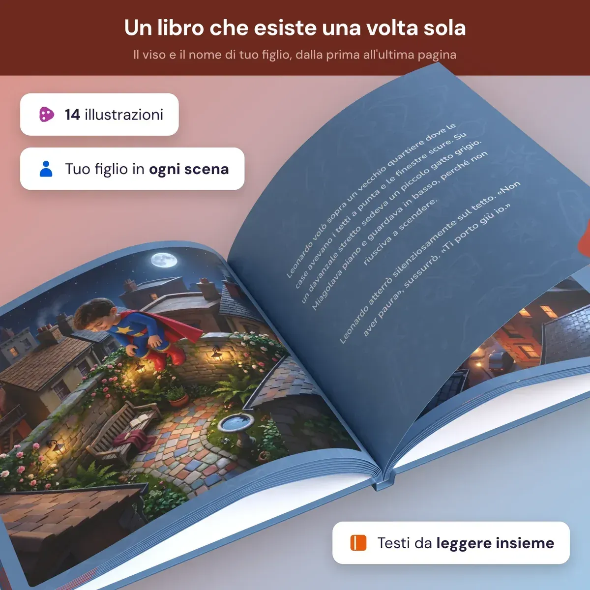 Il libro aperto: una doppia pagina illustrata con il supereroe e i testi da leggere insieme