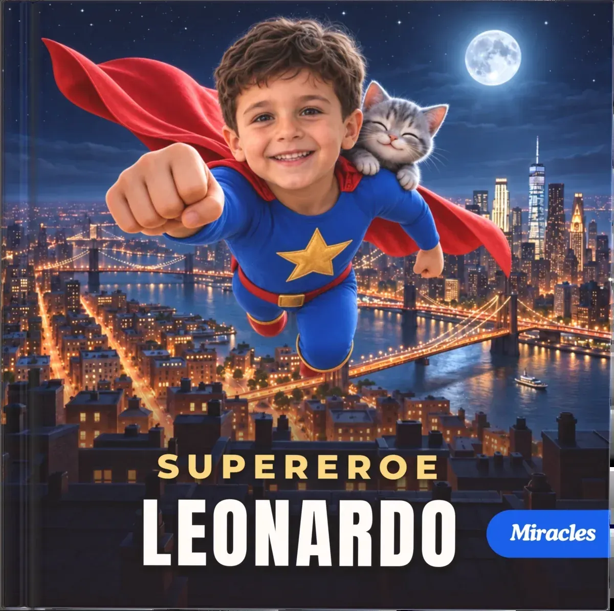 La copertina di «Supereroe Leonardo»: un bambino sorridente in costume da supereroe vola sopra la città di notte, con un gattino sulla spalla